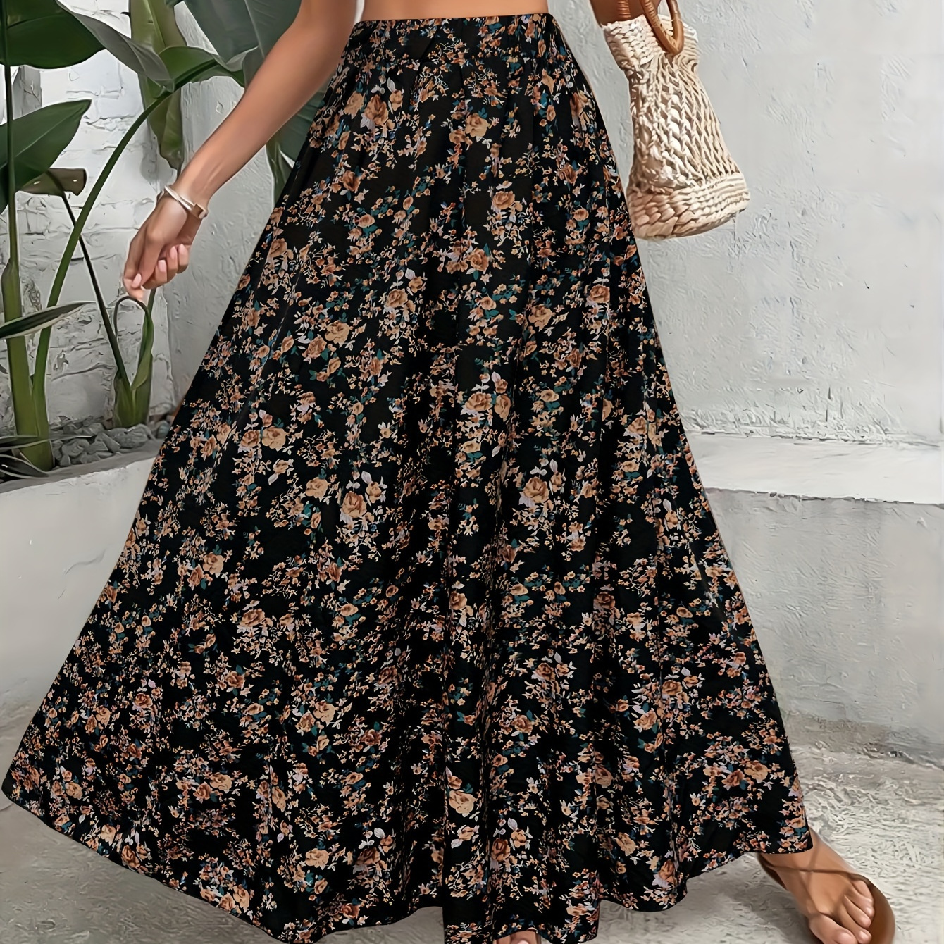 

Jupe à taille élastique avec imprimé floral grande taille, jupe décontractée pour le printemps et l'été, vêtements grande taille pour femmes