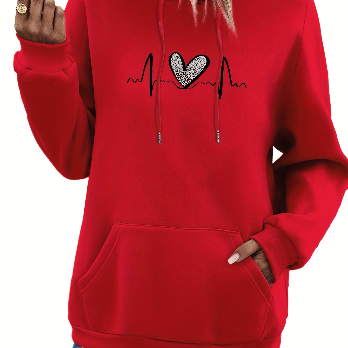 

Leopard Heart Print Loose Hoodie, Casual Drawstring Kangaroo Pocket Hoodies Sweatshirt, Women's Clothing