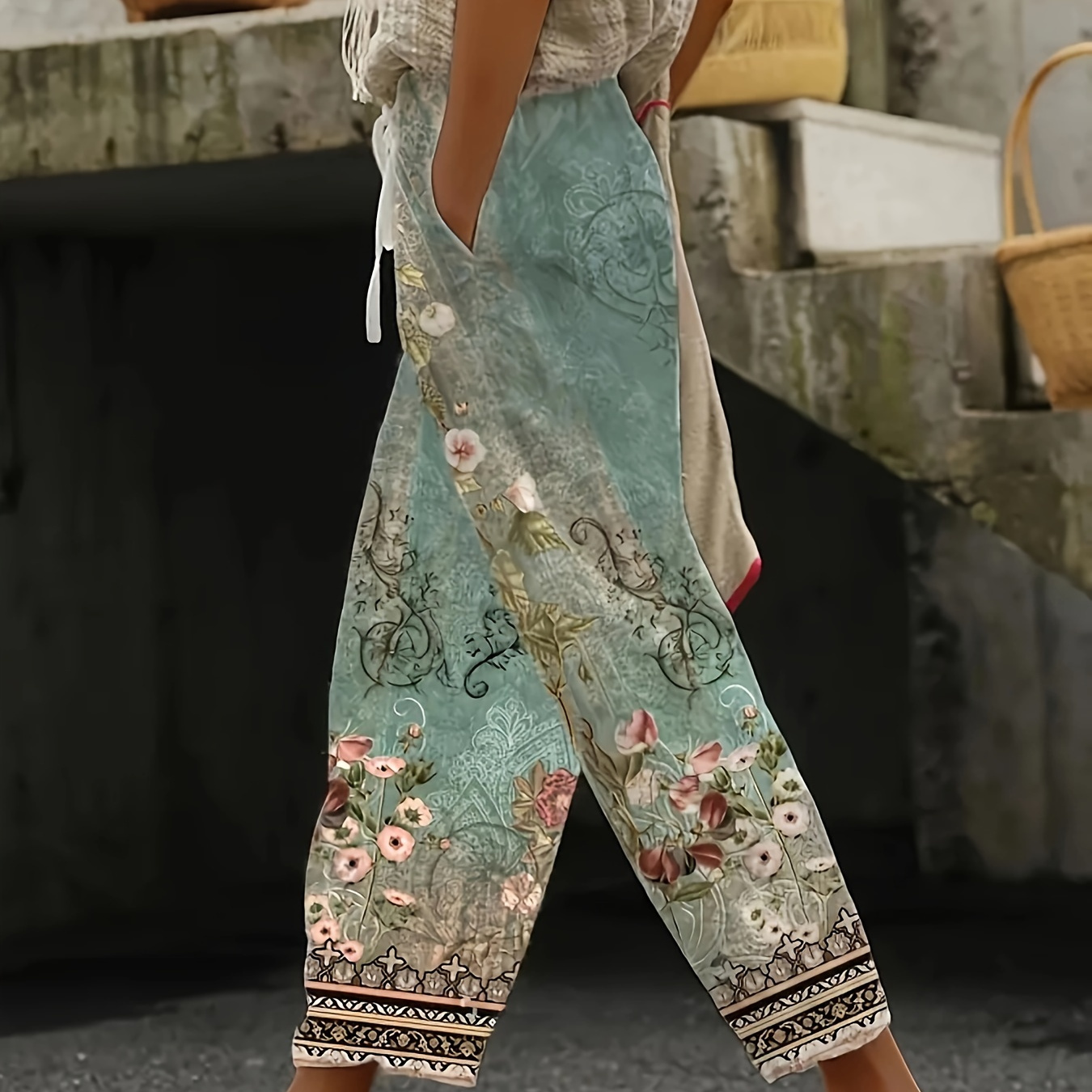 

Tribal Floral Print Straight Leg Pants, Casual Drawstring Pants For Spring & Summer, Women's Clothing