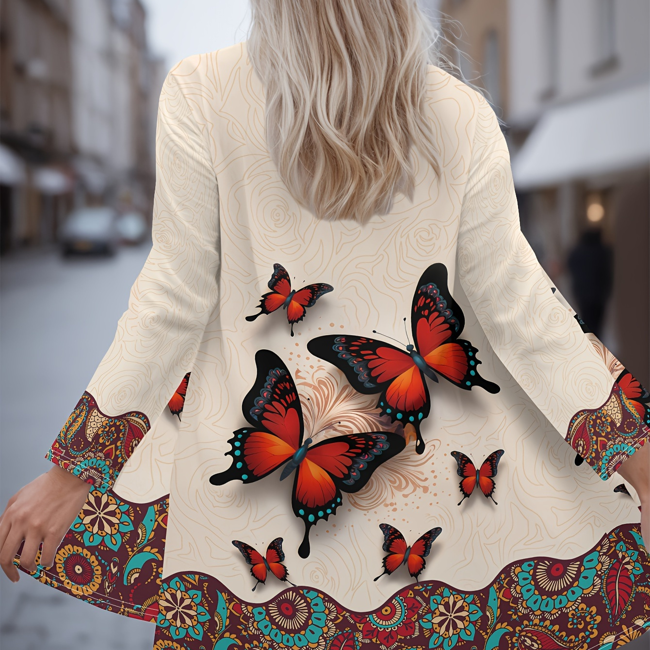 

Plus Size Overcoat, Women's Plus Mandala Butterfly Print Long Sleeve Open Front Cardigan,women's Plus Size Clothing