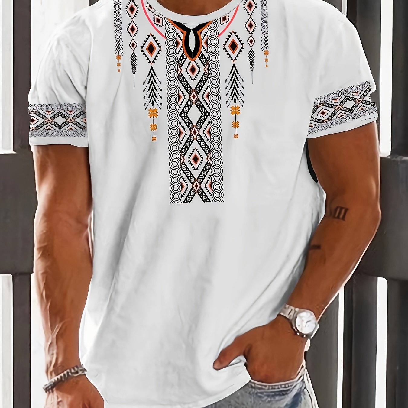 

T-shirt à manches courtes imprimé de style ethnique pour hommes, T-shirt décontracté et tendance à col rond, vêtements d'été