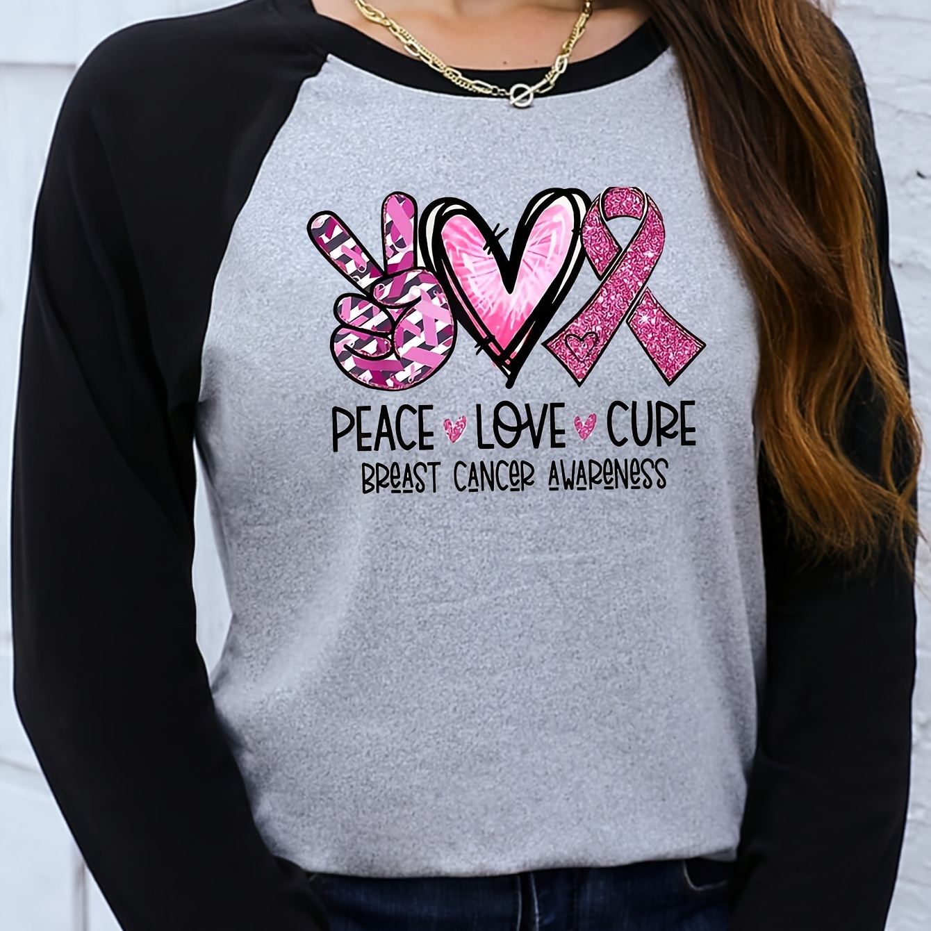 

Women's Breast Awareness Applique Long Sleeve T-shirt - Casual Crew Neck Polyester Knit Fabric With Spandex, Peace , Regular Length, All Season Wear