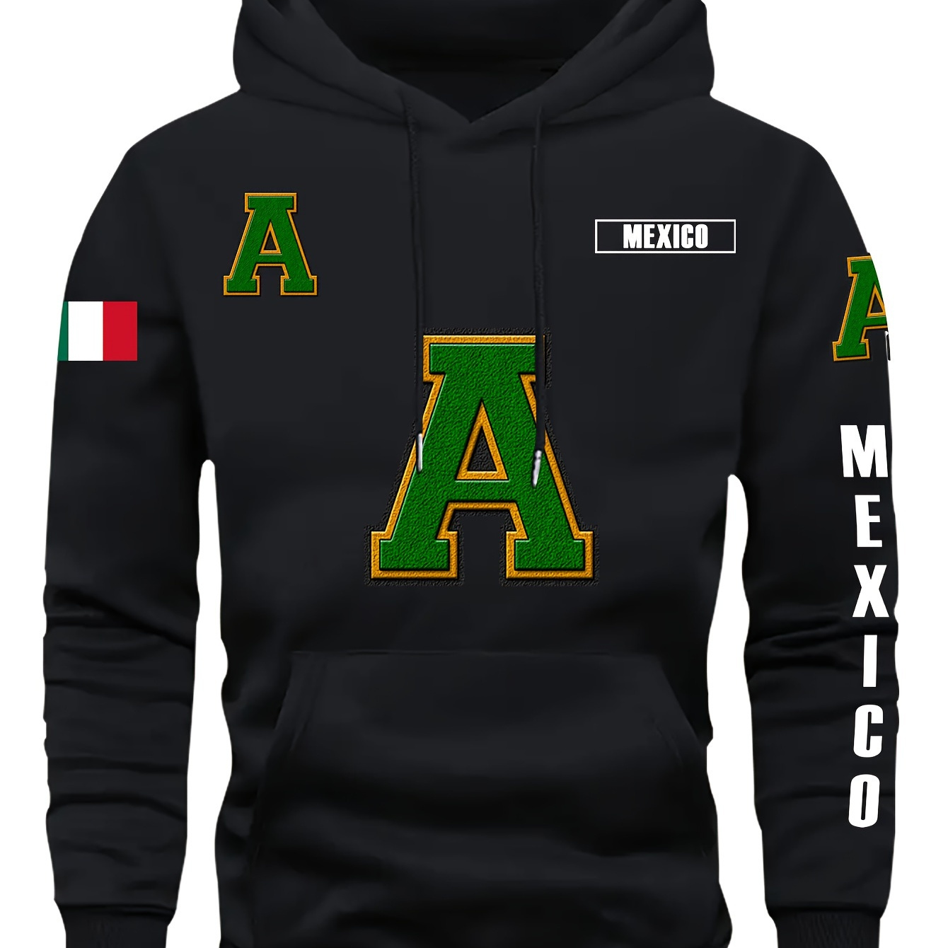 

Mexico A Letter Print Men's Long Sleeve Pullover Hoodie, Warm Fleece Hooded Sweatshirt With Kangaroo Pocket, Casual Comfortable Versatile Top For Autumn And Winter