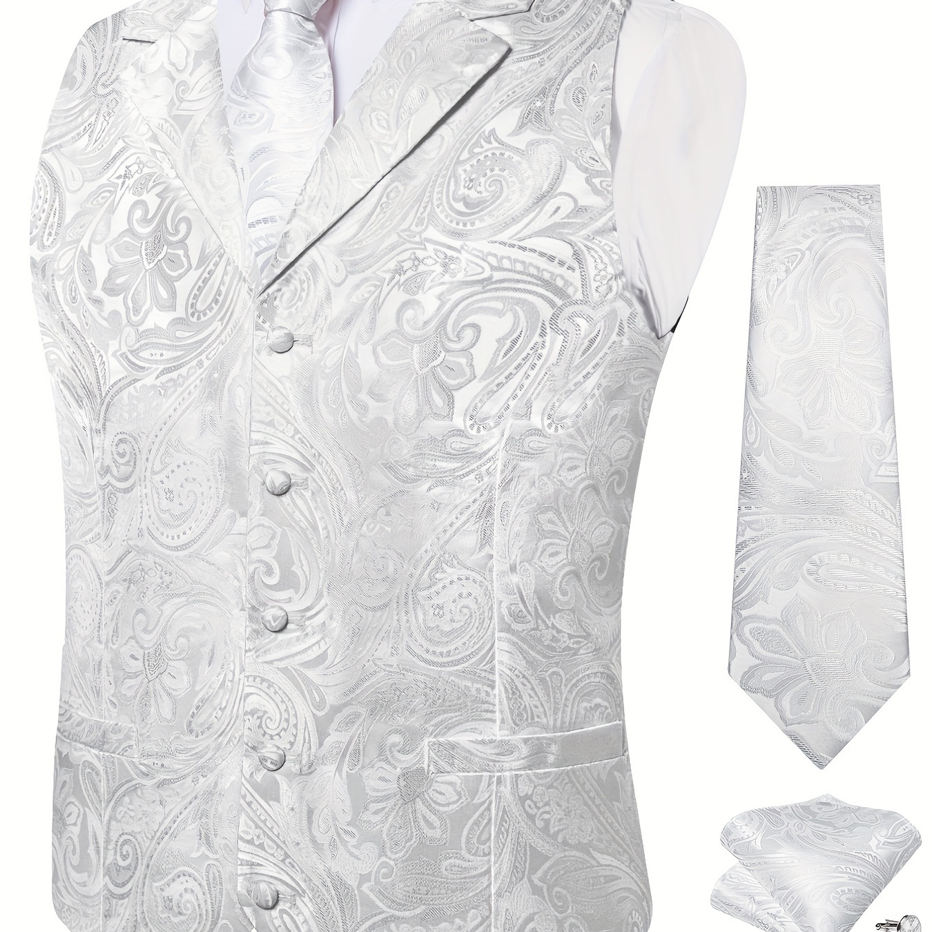 Plus Size Mens White Flora Pattern Jacquard Silk V Neck Vest Suit, Waistcoat Necktie Pocket Square Set, Hanky Cufflinks Set For Wedding Suit Set