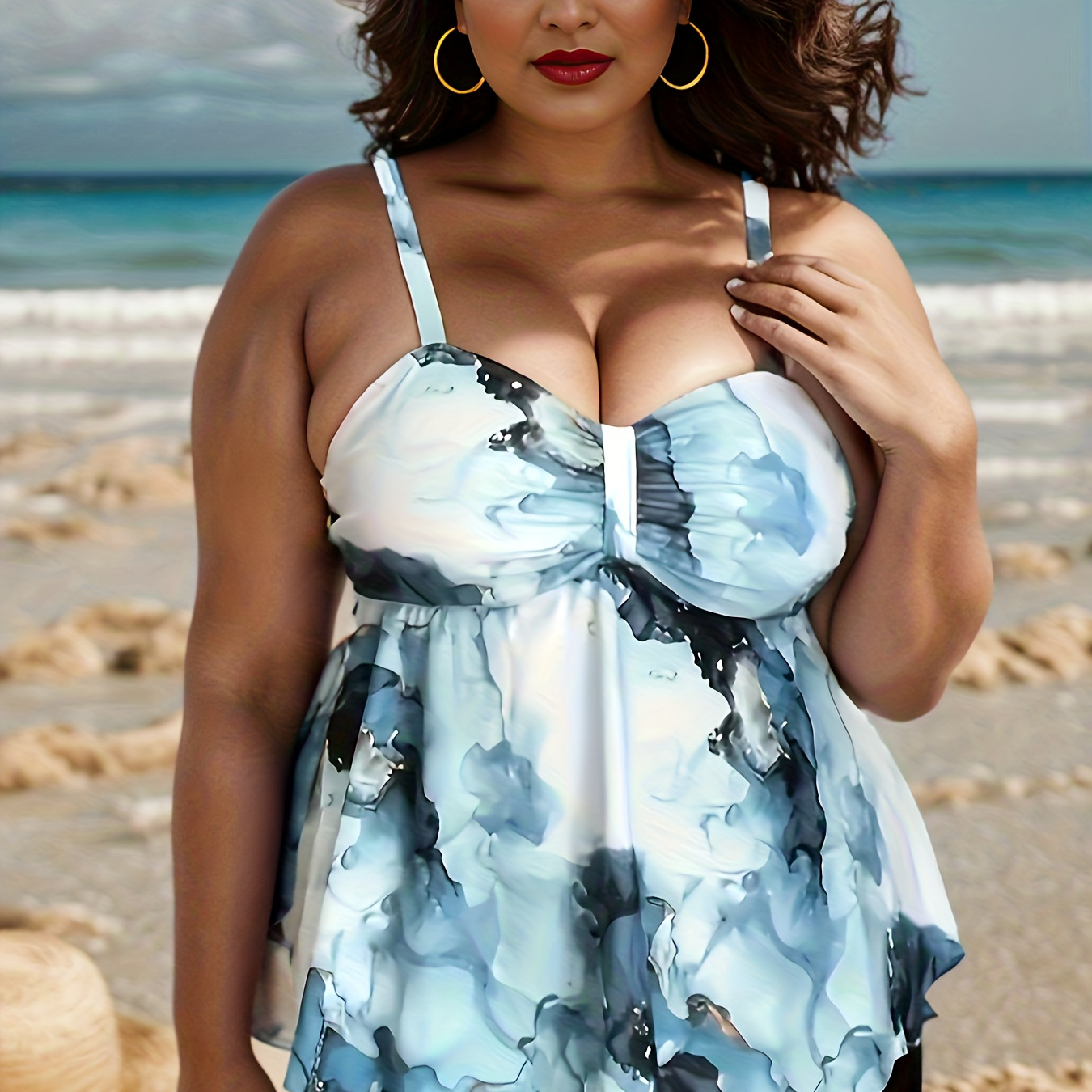 Plus Size Casual Tankini Set, Women's Plus Marble Print Sweetheart Neck Ruched Cami Top & Shorts Swimsuit Two Piece Set