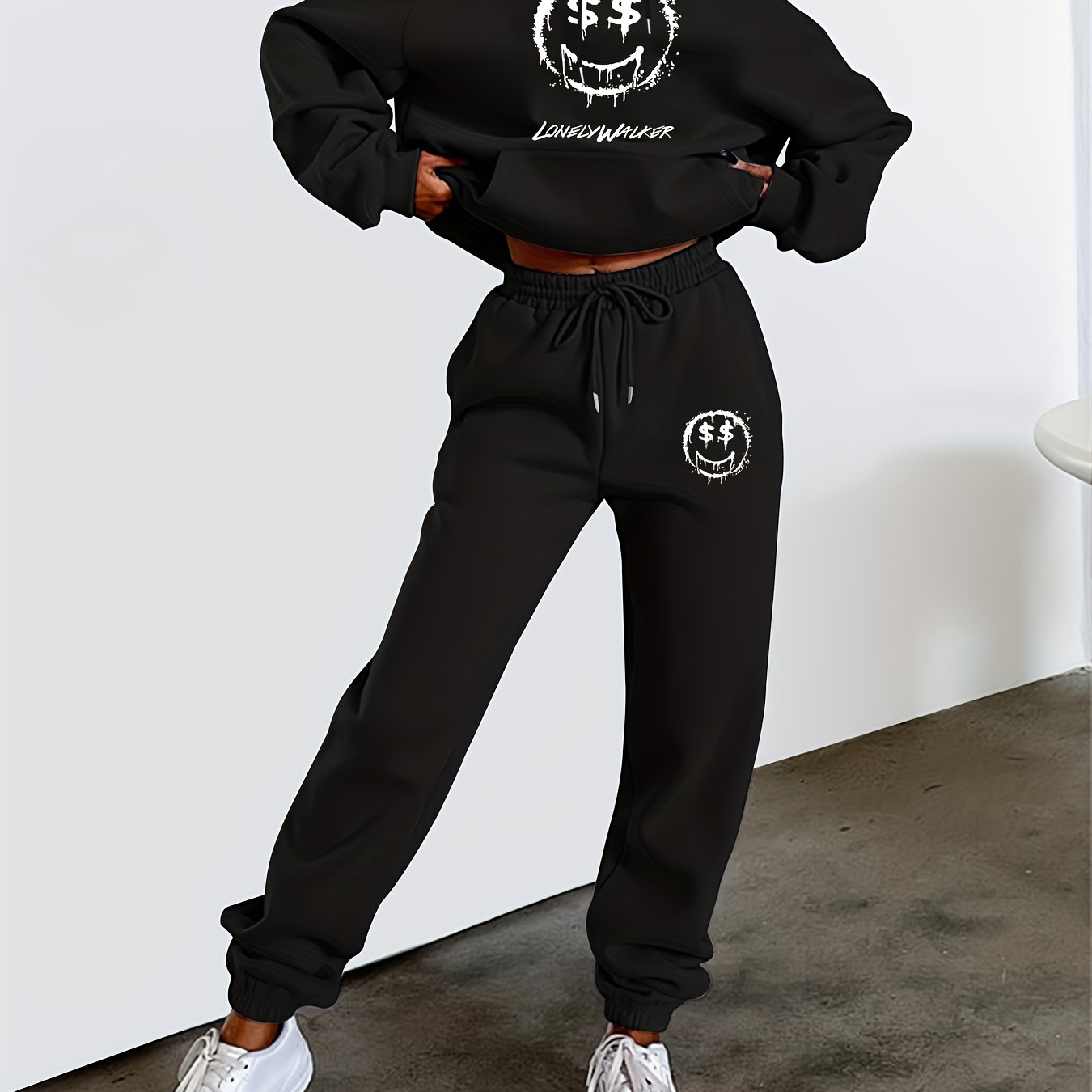 

2pcs Expression & Letter Print Casual Sports Set, Long Sleeves Drawstring Hooded Sweatshirt & Elastic Waist Jogger Pant Sporty Suit, Women's Activewear