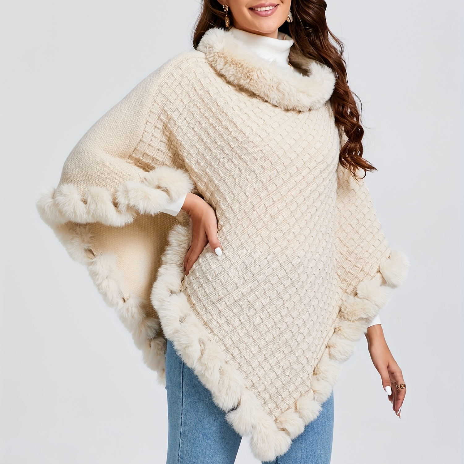 

Elegant Thick Knit Sweater With Faux Fur Collar - Cozy Solid Color Pullover For Women, Perfect For Fall & Winter