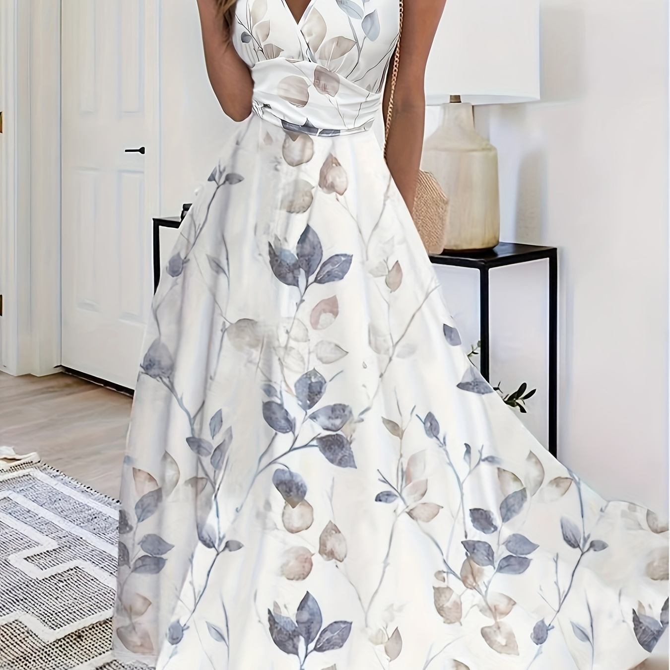 

Floral Print V-neck Tank Dress, Elegant Sleeveless Flowy Dress For Spring & Summer, Women's Clothing