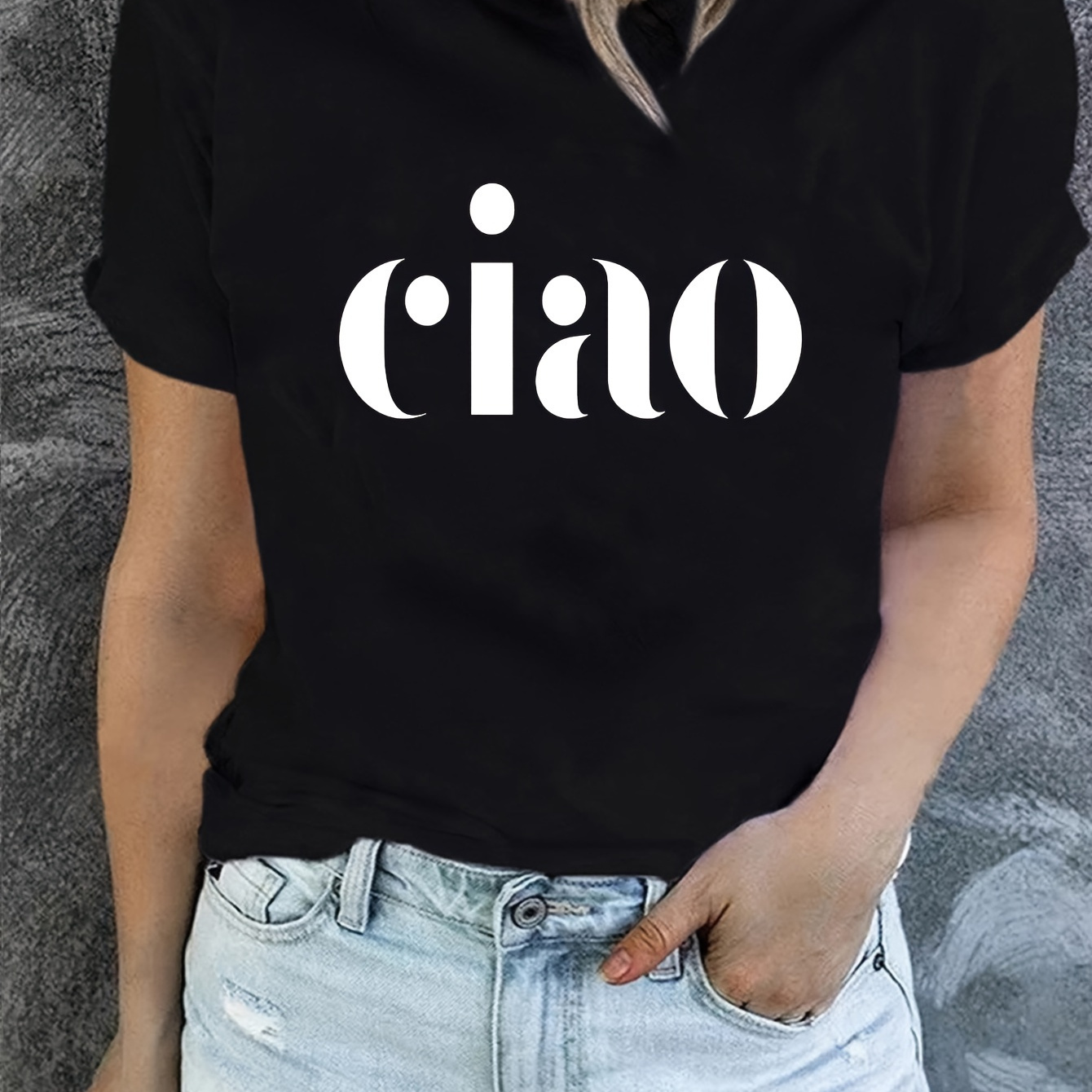 

Ciao Print T-shirt, Short Sleeve Crew Neck Casual Top For Summer & Spring, Women's Clothing