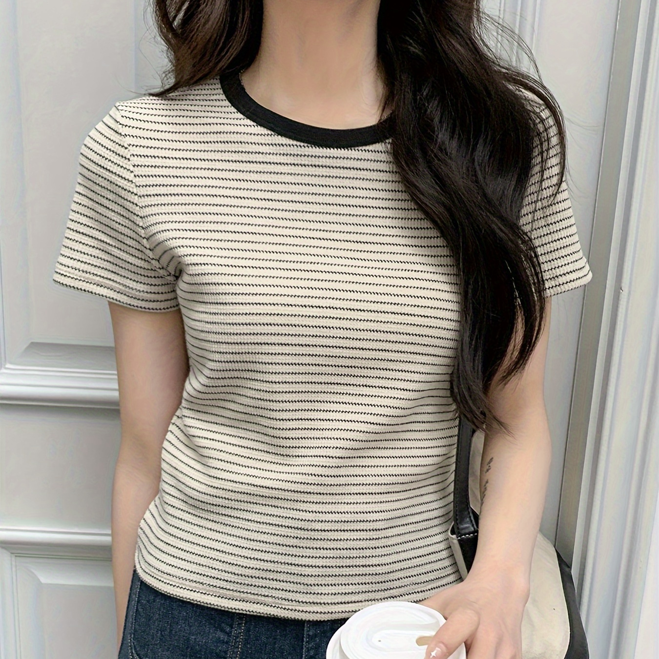 

Contrast Trim Striped Pattern T-shirt, Casual Short Sleeve T-shirt For Spring & Summer, Women's Clothing