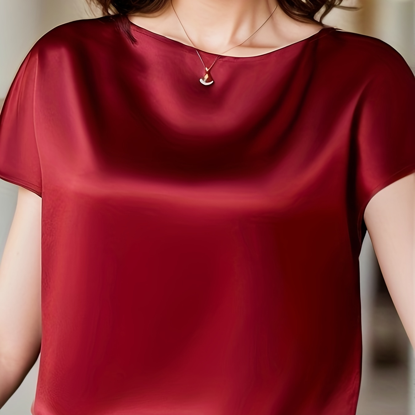 

Plus Size Solid Satin Top, Casual Crew Neck Short Sleeve Top, Women's Plus Size clothing
