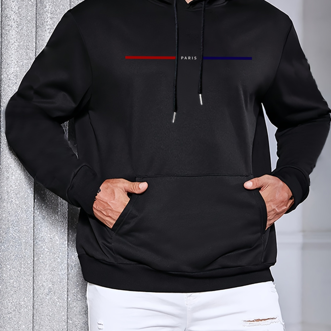 

Paris Letter Print Men's Long Sleeve Pullover Hoodie, Warm Fleece Hooded Sweatshirt With Kangaroo Pocket, Casual Comfortable Top For Autumn And Winter