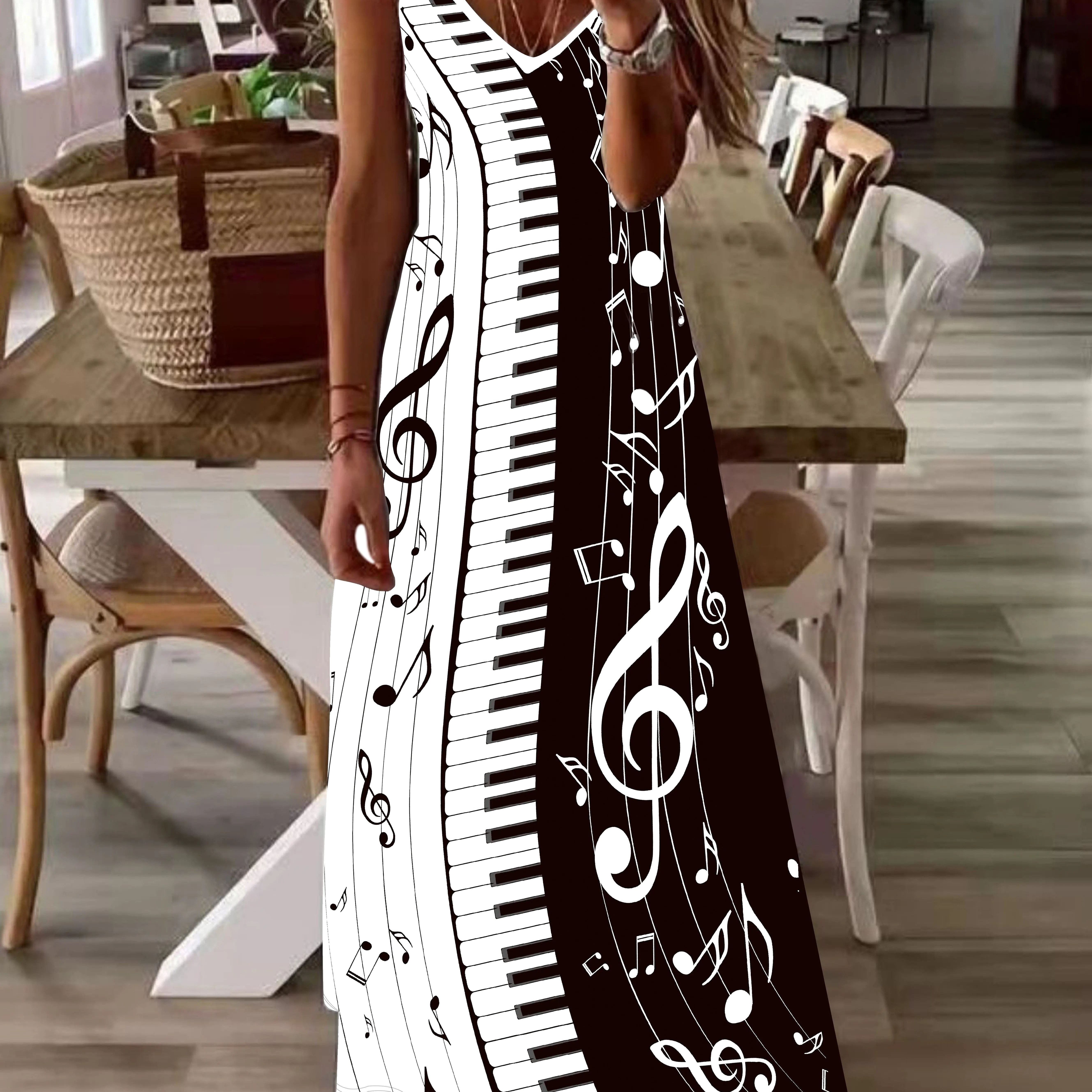 

Plus Size Casual Summer Dress, Women's Plus Music Note Print V Neck Slight Stretch Maxi Cami Dress