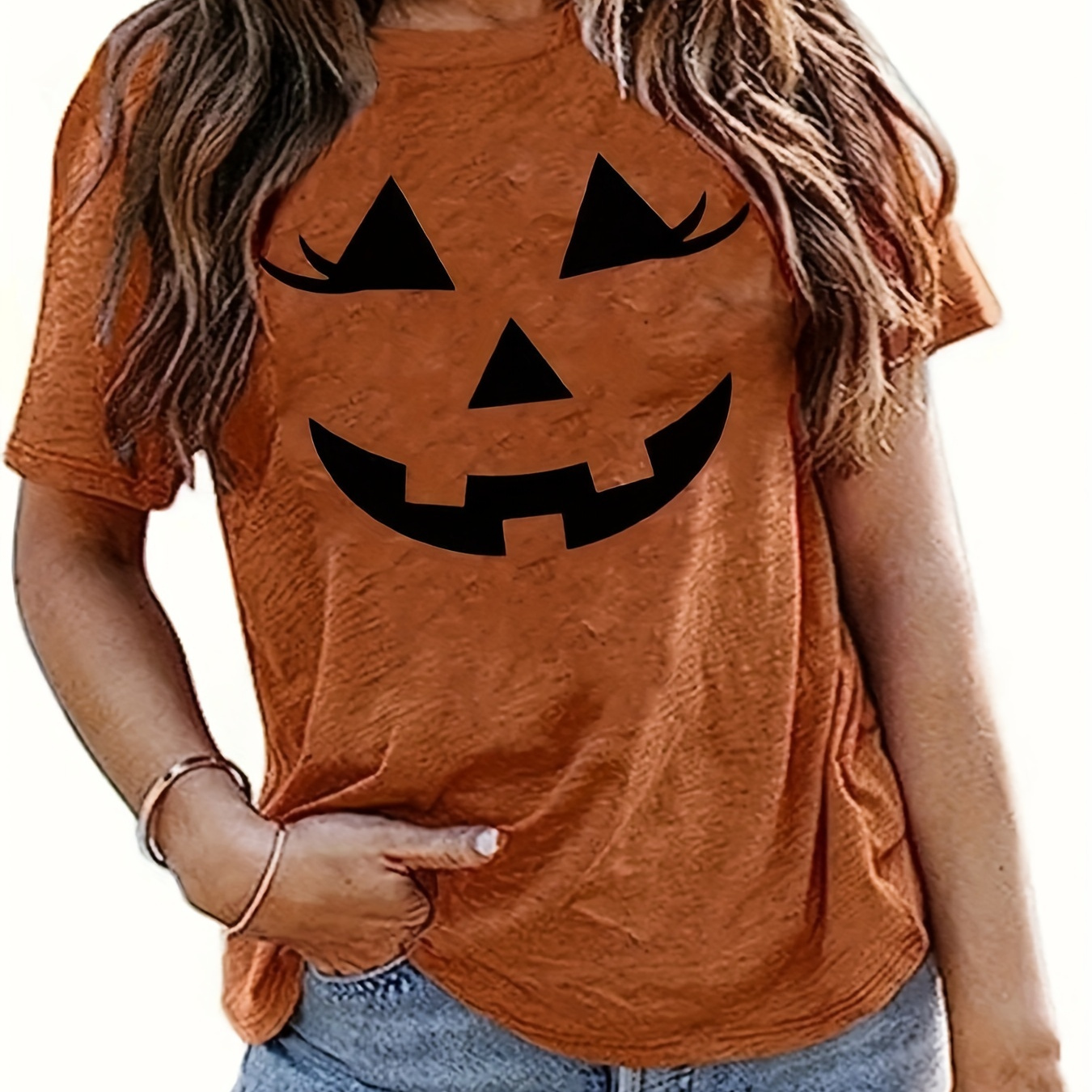 

Women's Halloween Pumpkin Smile Graphic T-shirt - Casual Round Neck Short Sleeve, Soft , Orange With -o'-lantern Design, Fall , | | Machine Washable