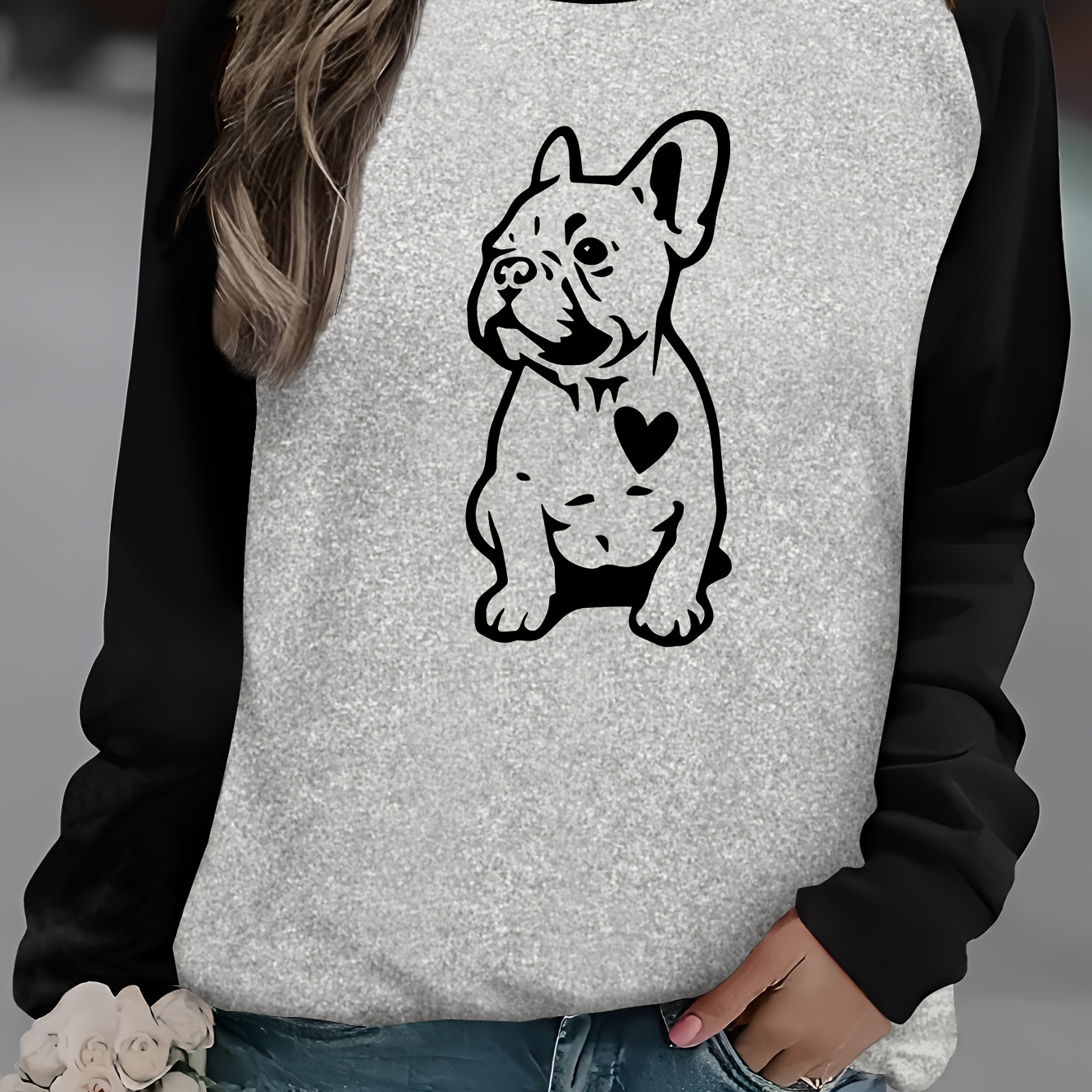 

Women's Casual Crew Neck Long Sleeve T-shirt, Polyester Knit Fabric, Regular Length, With French Bulldog Applique, Animal