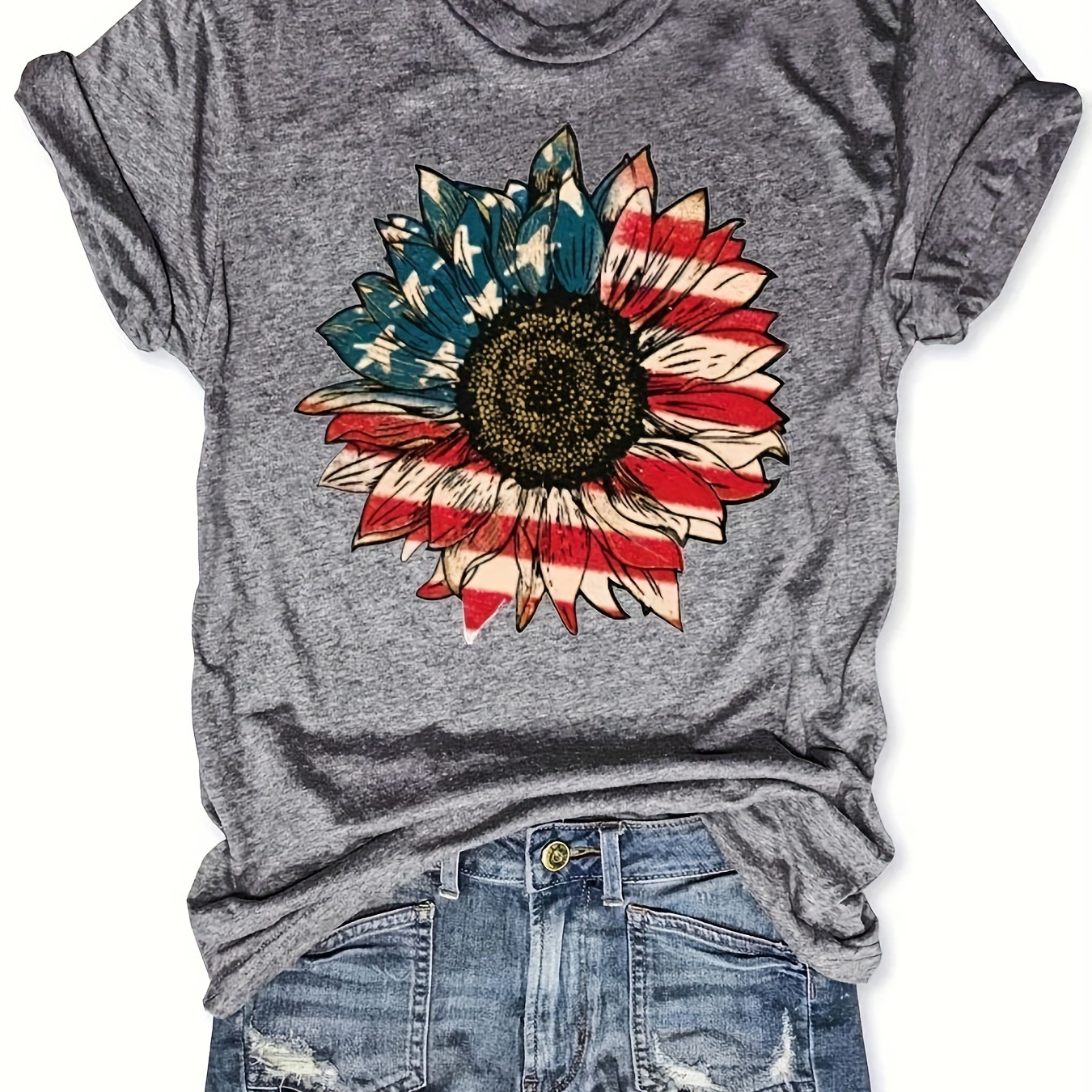 

Flag & Sunflower Print T-shirt, Casual Crew Neck Short Sleeve Top For Spring & Summer, Women's Clothing