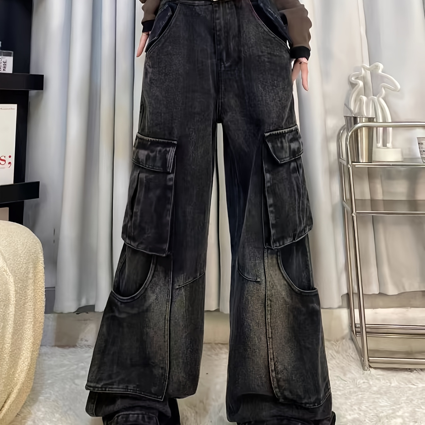 

Flap Pocket Loose Fit Washed Black Color Wide Leg Cargo Jeans, Women's Denim Jeans & Clothing