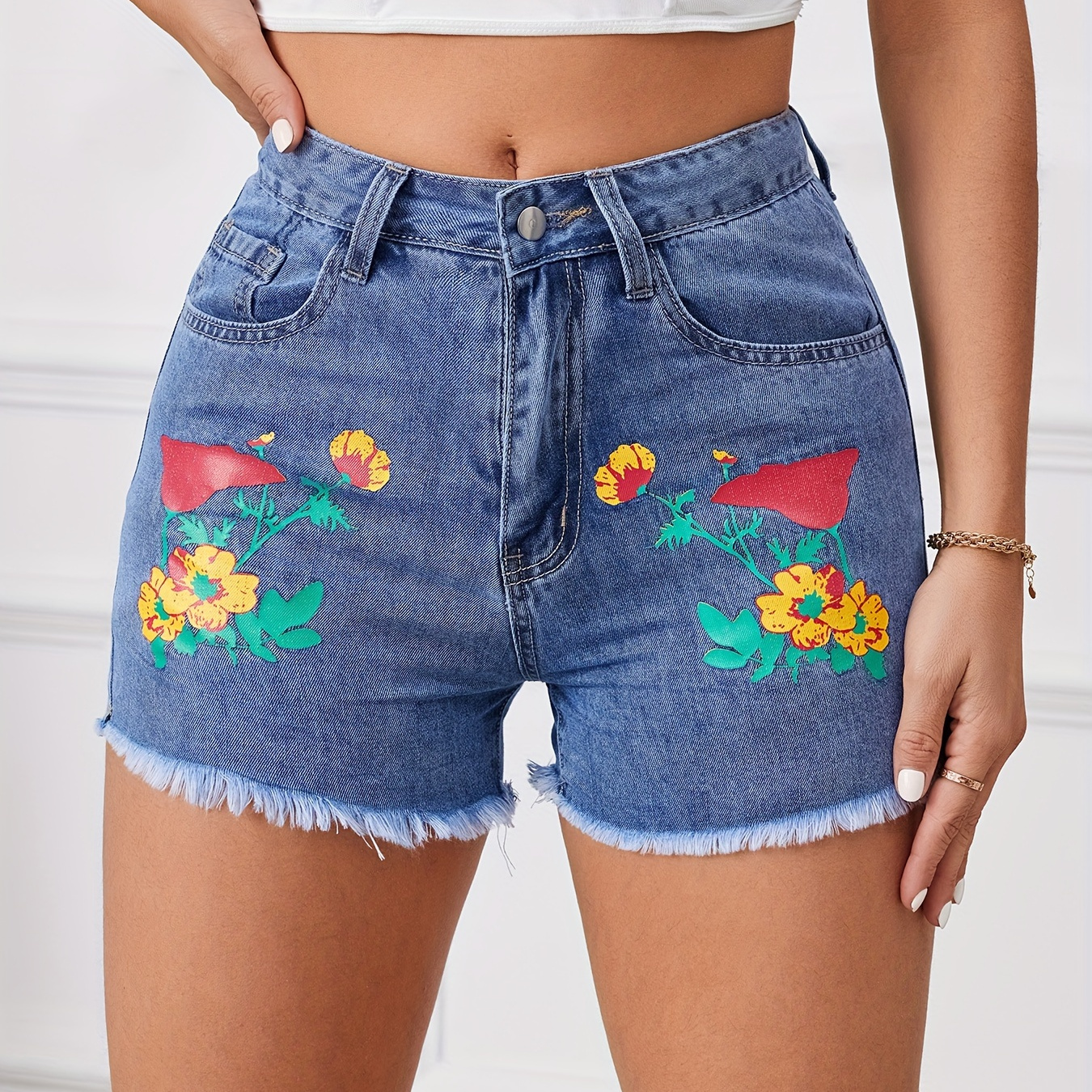 

Women's Sexy Denim Shorts, Floral Print Jean Shorts With Frayed Hem, Summer Fashion Clothing