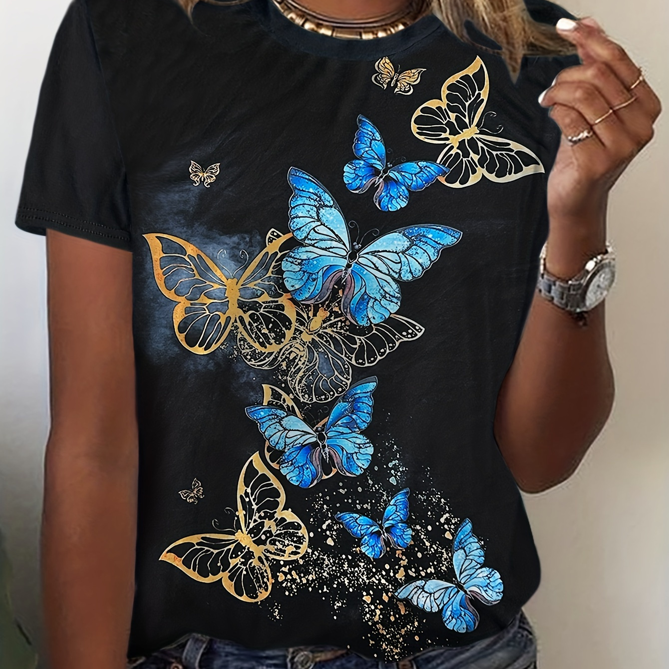 

T-shirt à imprimé papillon à col rond, t-shirt décontracté à manches courtes pour printemps et été, vêtements pour femmes