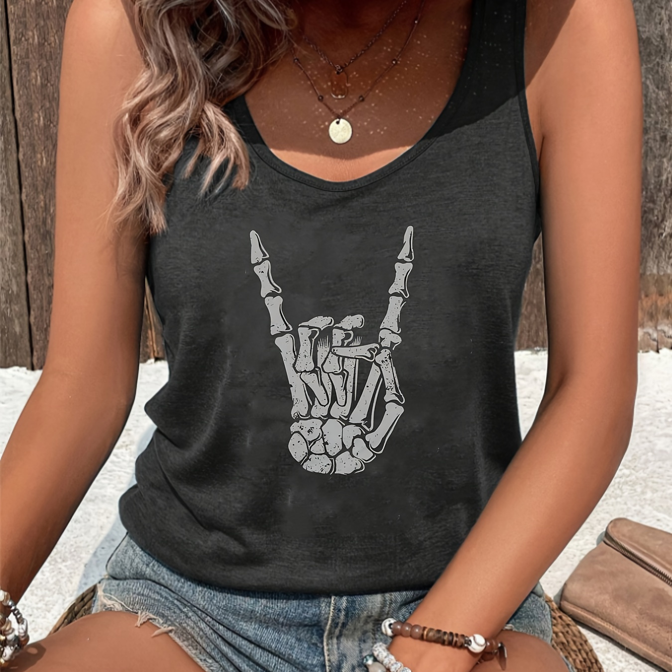 

Women' Skeleton Hand Graphic Top - Casual Black Muscle With Flowy Festival Design, Machine Washable, Polyester/rayon/spandex