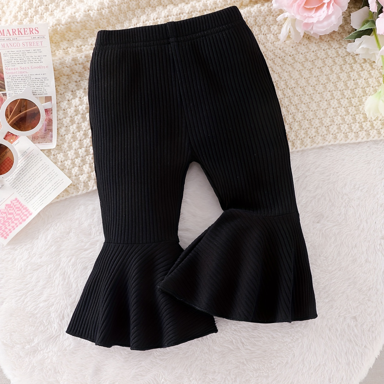 

Baby's Casual Solid Color Ribbed Bell-bottom Pants, Elastic Waist Trousers, Toddler & Infant Girl's Clothing