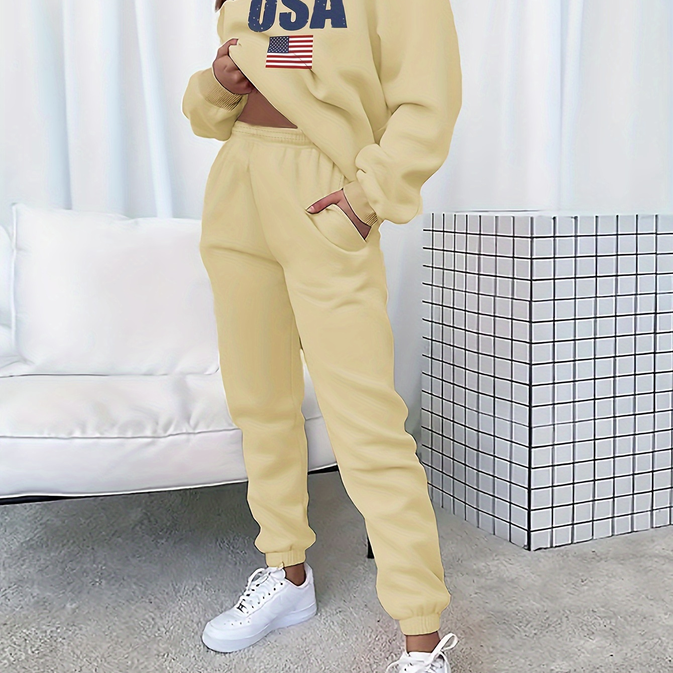 

Autumn And Winter Women'-piece Set With American Flag Print, Casual Long Sleeved Sportswear And Pants, Women's Clothing
