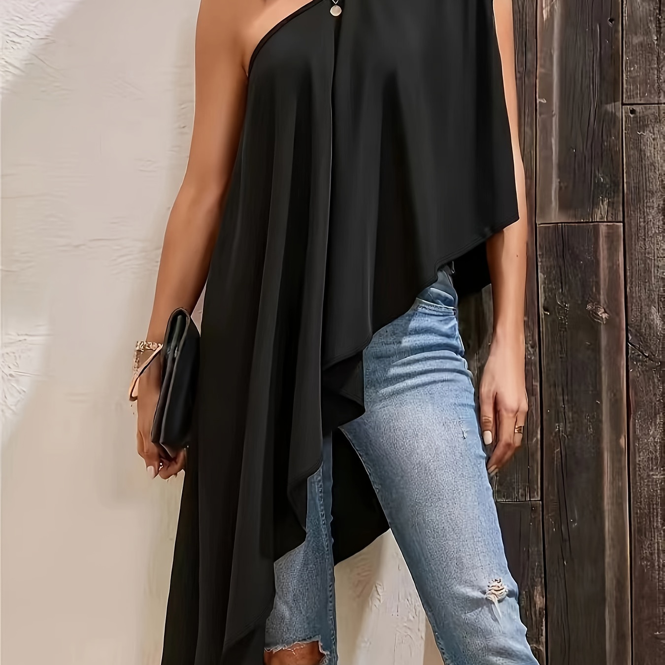 

Plus Size Solid Color 1 Shoulder Top, Elegant Asymmetrical Hem Top For Summer, Women's Plus Size Clothing