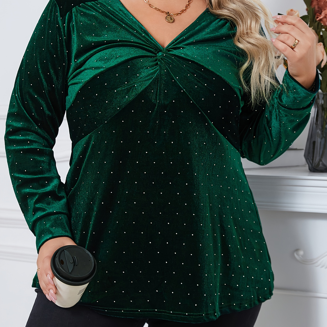 

Women's Casual Top, Plus Size Dot Print Long Sleeve V Neck Twist Front Tunic Top