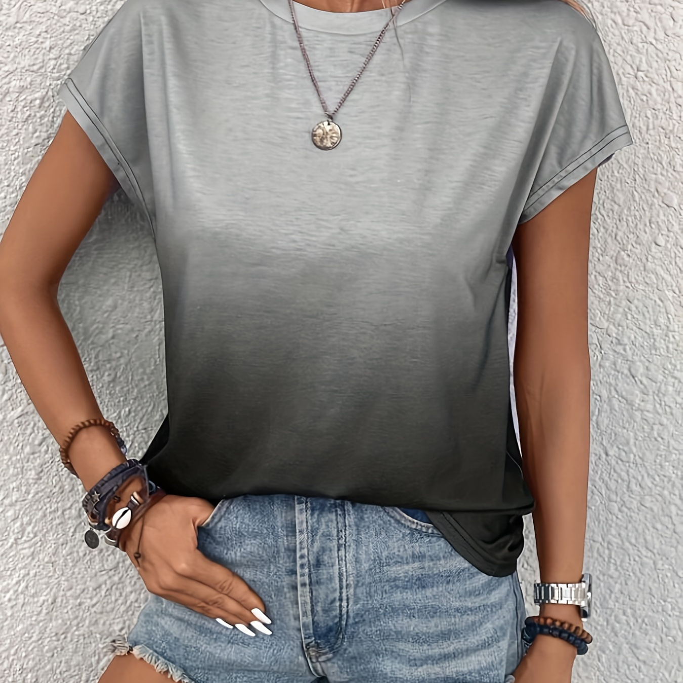 

Gradient Color Crew Neck T-shirt, Casual Short Sleeve Top For Spring & Summer, Women's Clothing
