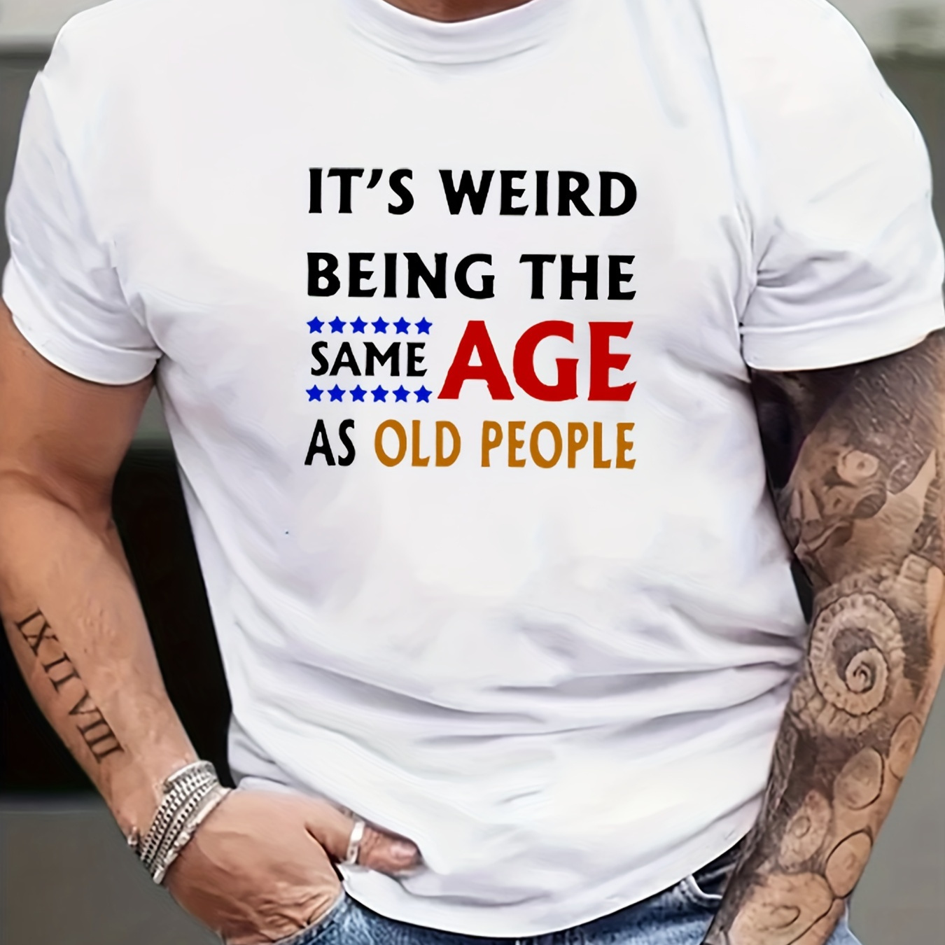 

it's Weird Being The Same Age As Old People" Letters Print Casual Crew Neck Short Sleeves For Men, Comfy Casual Summer T-shirt For Daily Wear Work Out And Vacation Resorts