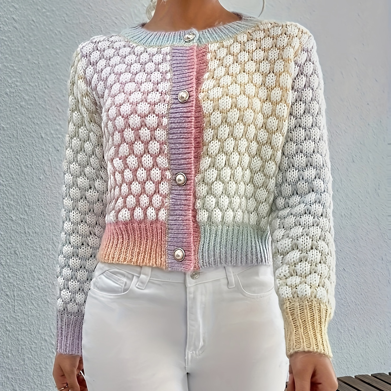 

Yarn Color Random Button Front Cardigan, Casual Long Sleeve Textured Cardigan For Spring & Fall, Women's Clothing
