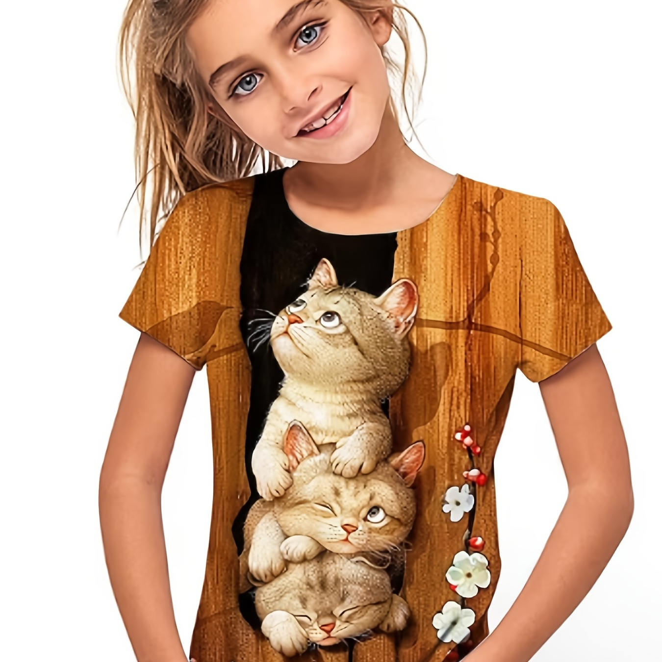 

Girl 3d 'cat In Hollow Tree' Graphic Short Sleeve Novelty T-shirt, Teen Kids Tee Tops For Unique & Stylish Look!