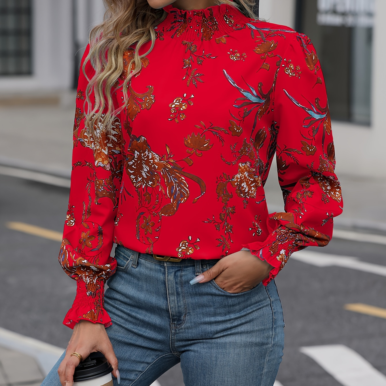 

Floral Print Mock Neck Blouse, Elegant Long Sleeve Top For Spring & Fall, Women's Clothing