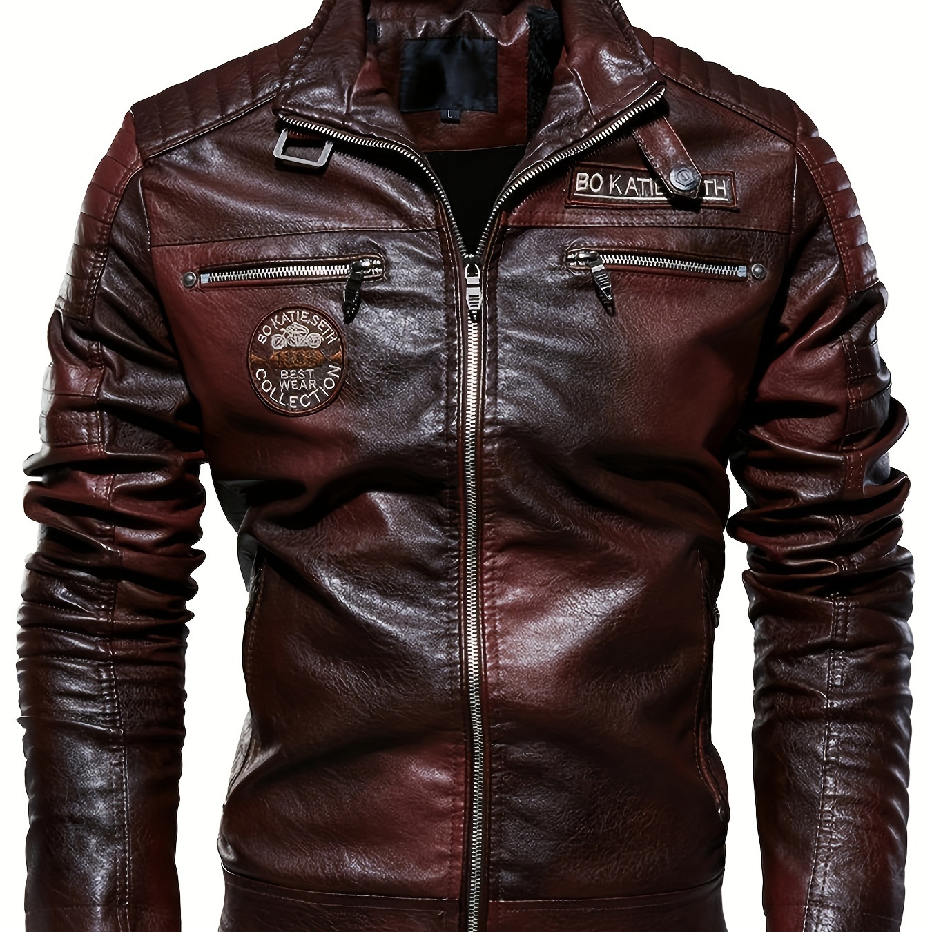 

Men's Faux Leather Jacket With Zippered Pockets, Men's Stylish Zip Up Motorcycle Jacket For Autumn & Winter