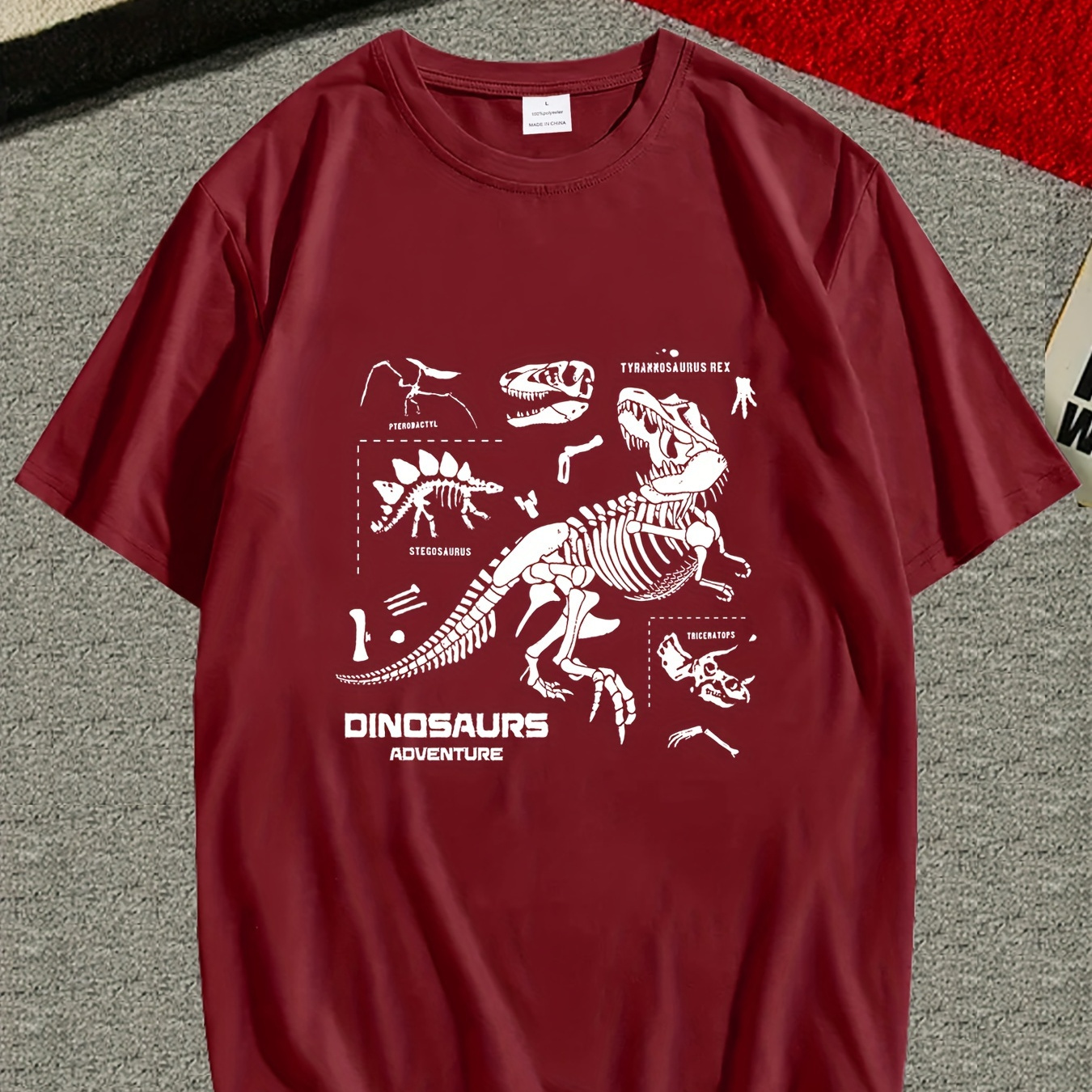 

Men's Skeleton Dinosaur Print Short Sleeve T-shirts, Comfy Casual Elastic Crew Neck Tops For Men's Outdoor Activities