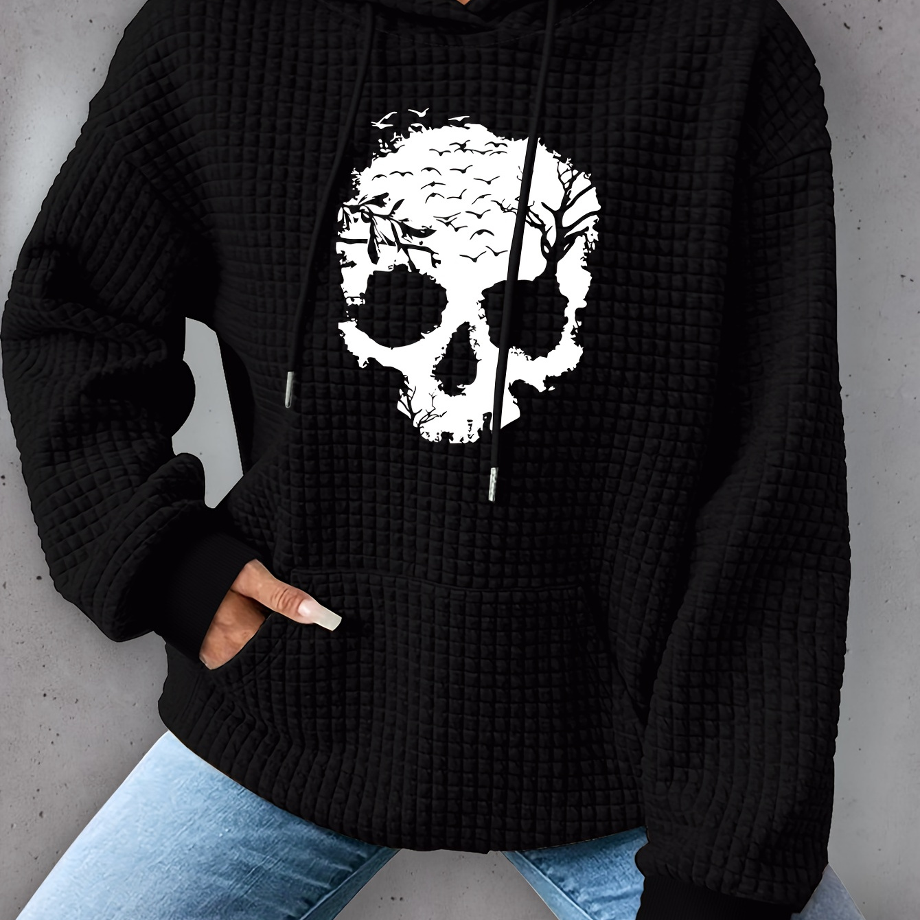 

Plus Size Skull Print Hoodie, Casual Kangaroo Pocket Drawstring Long Sleeve Hooded Sweatshirt, Women's Plus Size Clothing