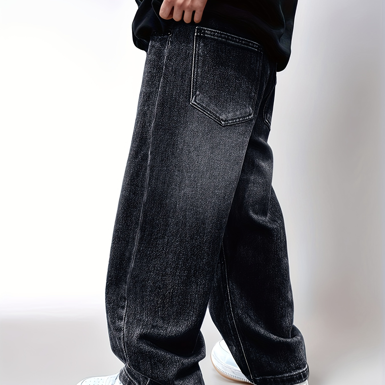 

Boys' Casual Denim Jeans For Spring/fall - Waist, Long Length, Woven Fabric, Wide-legged, Whiskering , No Belt, Medium Stretch, Black