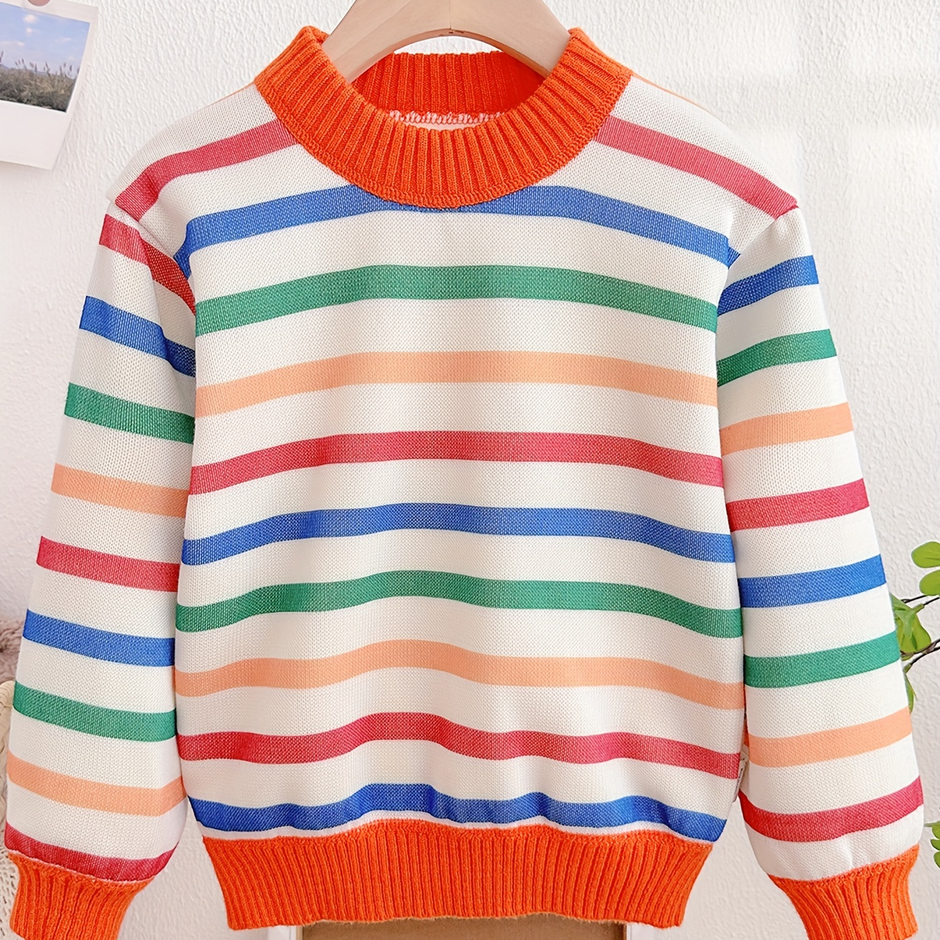 

Boys' Colorful Striped Crew Neck Sweater - Casual Knit Pullover For Kids, Polyester And Spandex Blend, Slight Stretch, Long Sleeve, Regular Fit For Fall/winter - Ages 12 And Under