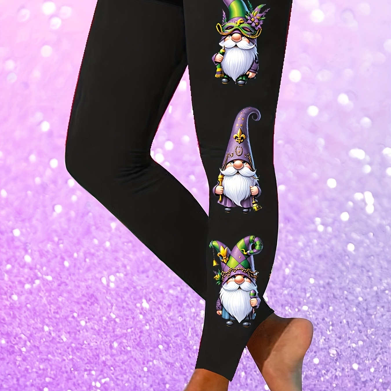 

Plus Size Elegant High Stretch Skinny Leggings, Polyester Knit Fabric, With Print, For Wear