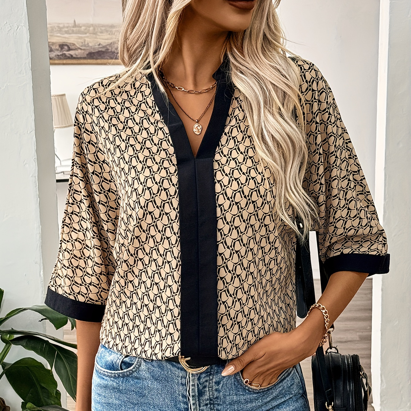 

Allover Print Color Block Blouse, Casual V Neck Top For Spring, Women's Clothing