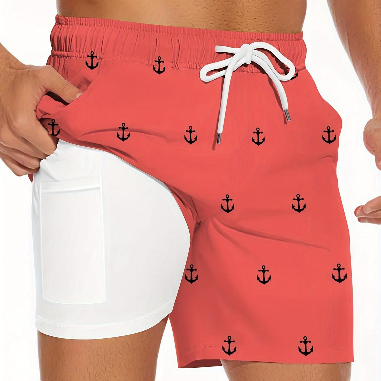 

Anchor Print Men's Casual Double Layer Drawstring Shorts For Summer Outdoor, Beach Sports