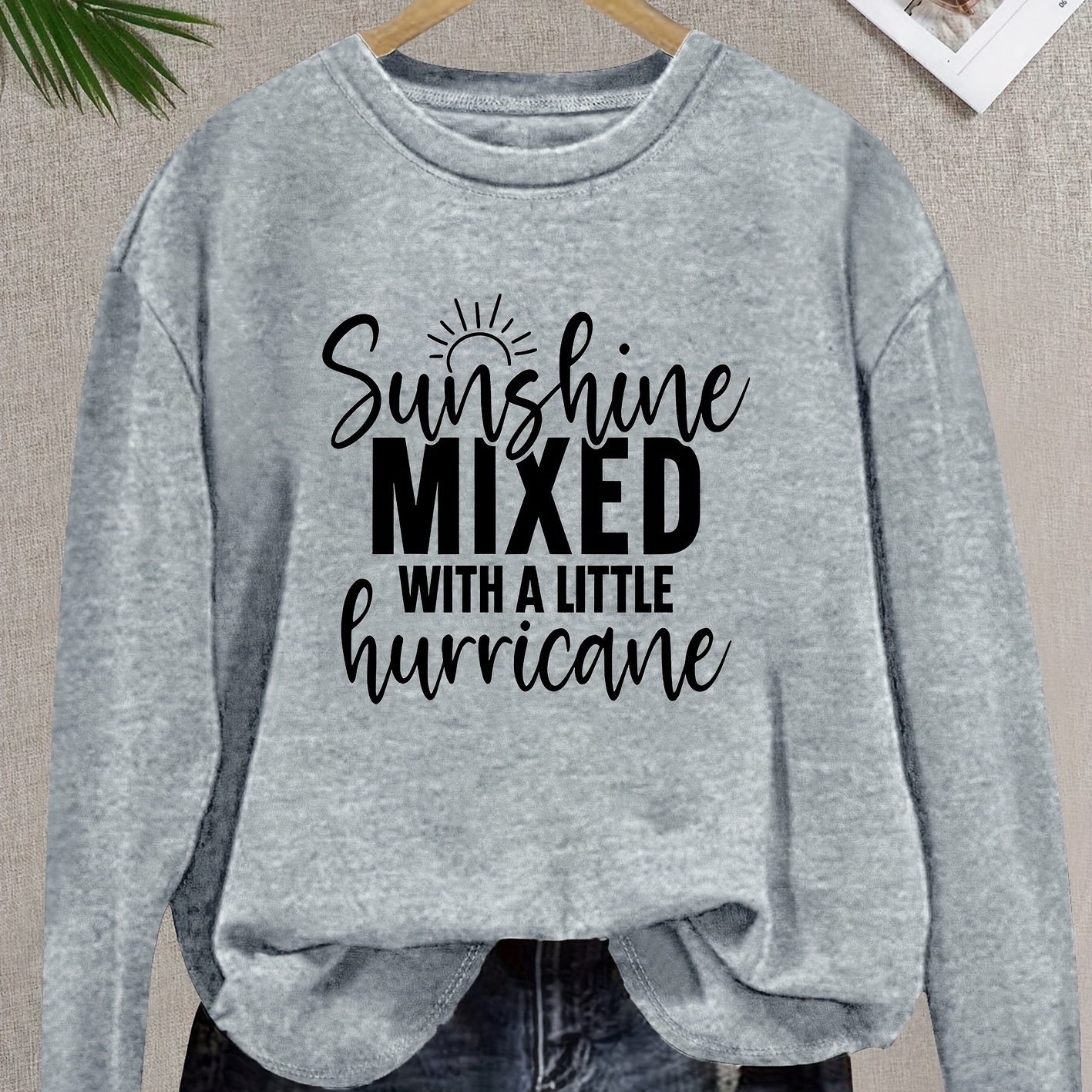 

Vintage Style Women's Long Sleeve T-shirt With "sunshine Mixed With A Little Hurricane" Graphic, 100% Polyester, Crew Neck, Medium Stretch Knit Fabric - Ideal For Spring, Summer, Fall