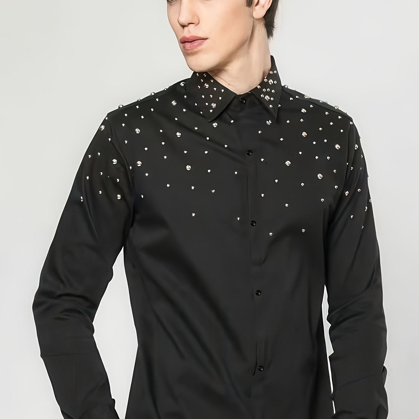 

1pc Men' Studded Long Sleeve Shirt - 100% Polyester, Solid Color, Slight Stretch, Lapel Collar, Woven, Regular Fit For Spring/fall