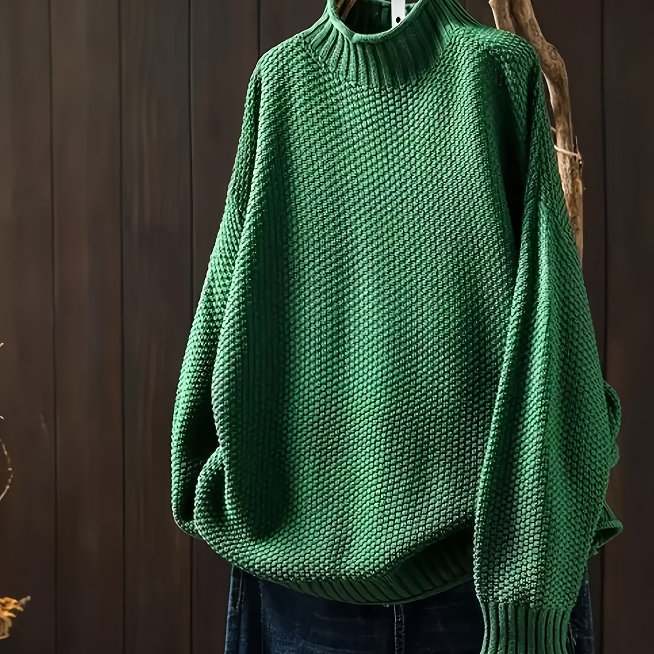 

Pull à col montant de couleur unie, pull décontracté à manches longues et épaules tombantes texturé pour l'automne et l'hiver, vêtements pour femmes