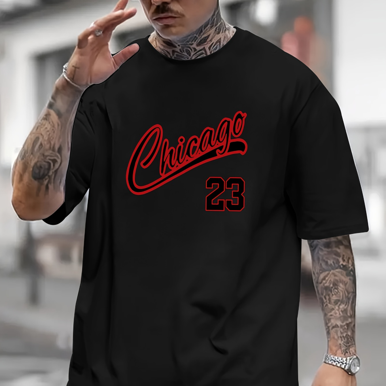 TEMU Chicago 23 Stylish Red Graphic Print Men's Short Sleeved T-shirt, American Fashion Trendy Round Neck Casual Top For Men In Spring And Summer