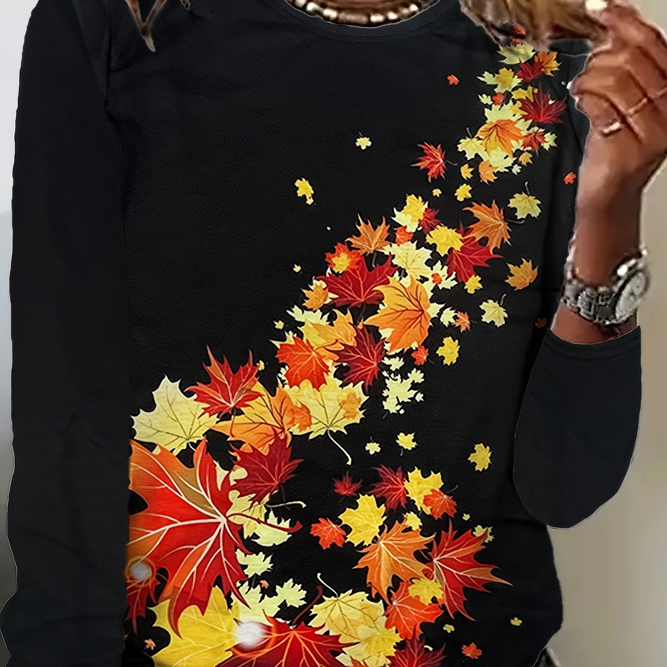 

Maple Leaf Print Long Sleeve T-shirt, Casual Crew Neck Top For Spring & Fall, Women's Clothing