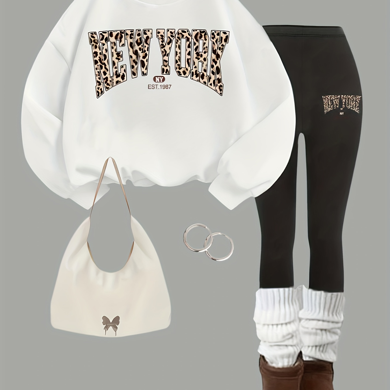 Spring and Autumn Girls' Fashion New Arrivals, Ladylike Artistic Warm and Versatile Design Letters Pattern Decor Round Neck Long Sleeve Top, Matching Design Pants Suitable for Daily Casual Outing Vacation Party Play with Comfortable Two-Piece Set for Teenagers and Young Girls, for Outdoor
