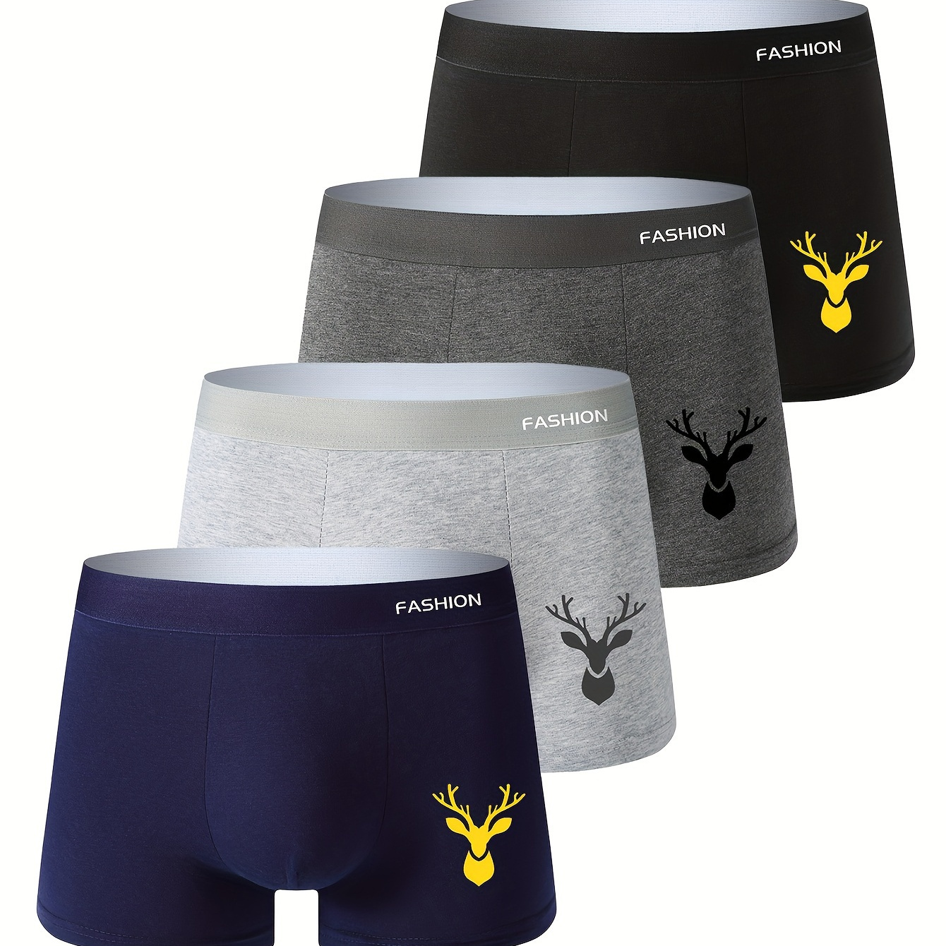 

4pcs Men's Breathable Boxer Briefs - , Stretchy Polyester & Spandex , Non-transparent With Deer