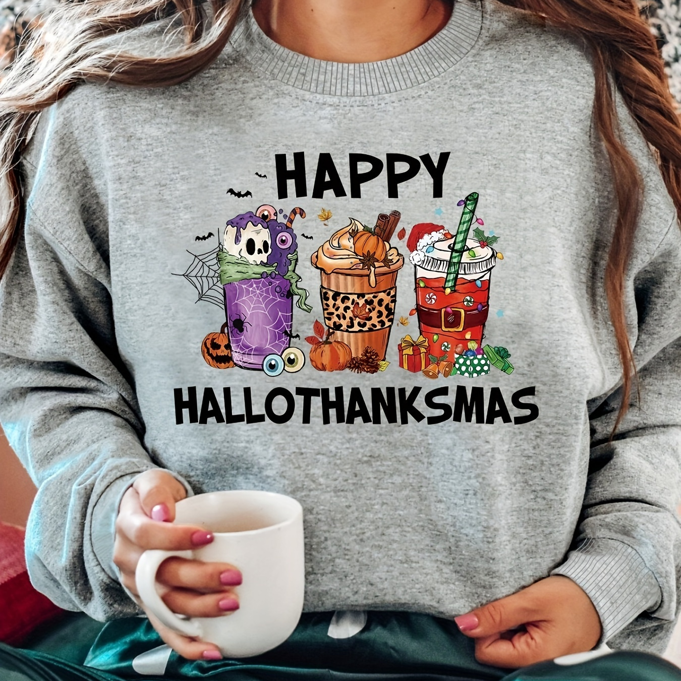 Happy Hallothanksmas Print Sweatshirt, Casual Long Sleeve Crew Neck Sweatshirt, Women's Clothing