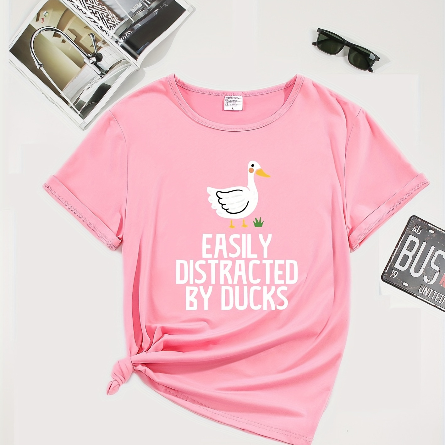 

Cartoon Ducks & Slogan Print Round Neck T-shirt, Casual Stretch Short Sleeve Sport T-shirt, Women's Clothing